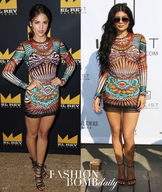 Who Wore it Better? Kylie Jenner vs. Eiza Gonzalez in Nicolas Jebran’s Fall 2014 Long Sleeved Hand Embroidered Multi Color Mini Dress + Kylie’s Montreal 18th Birthday Party White Mugler Crop Top and Eyelet Embellished Mini Skirt
