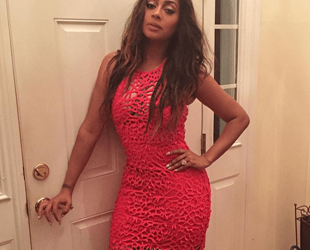 Wardrobe Query: Lala Anthony’s Instagram Lumier by Bariano Red Cut Out Heart Contours Lace Overlay Dress
