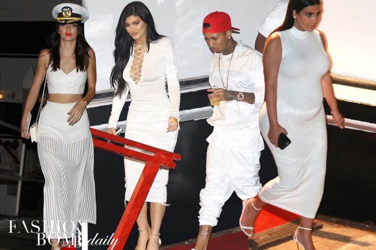 On the Scene: James Harden’s White Birthday Yacht Party with Khloe Kardashian in a Labourjoise Bodysuit and Akido Swimwear’s Double Slit Skirt, Kylie Jenner in Balmain’s Lace Up Dress, and Kim Kardashian in Ronny Kobo’s Thiadora Ponte Racerback Midi Dress