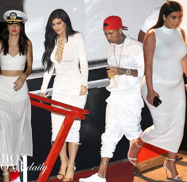 On the Scene: James Harden’s White Birthday Yacht Party with Khloe Kardashian in a Labourjoise Bodysuit and Akido Swimwear’s Double Slit Skirt, Kylie Jenner in Balmain’s Lace Up Dress, and Kim Kardashian in Ronny Kobo’s Thiadora Ponte Racerback Midi Dress