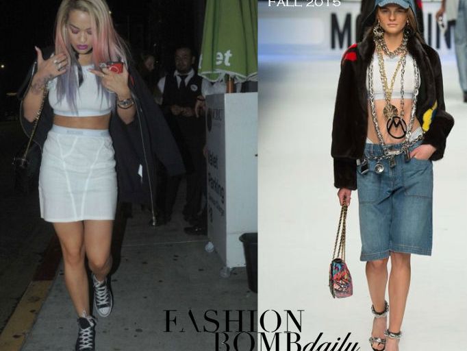 Hot! or Hmm… Rita Ora’s Nobu Moschino Fall 2015 Logo Sport Bra and Mini Skirt