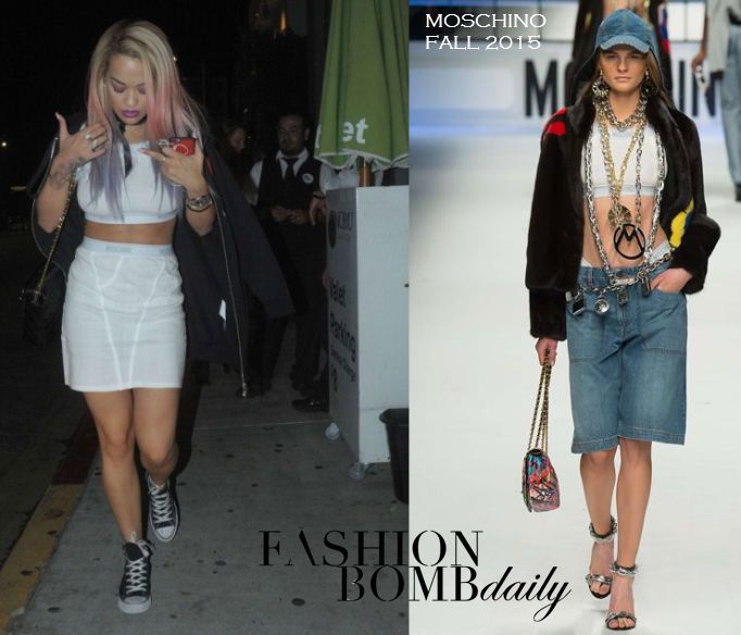 Hot! or Hmm… Rita Ora’s Nobu Moschino Fall 2015 Logo Sport Bra and Mini Skirt