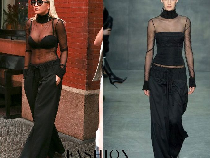Hot! or Hmm… Rita Ora’s New York City Vera Wang Fall 2015 Sheer Black Turtleneck and Black Wide Leg Trousers