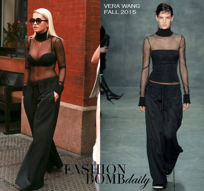 Hot! or Hmm… Rita Ora’s New York City Vera Wang Fall 2015 Sheer Black Turtleneck and Black Wide Leg Trousers