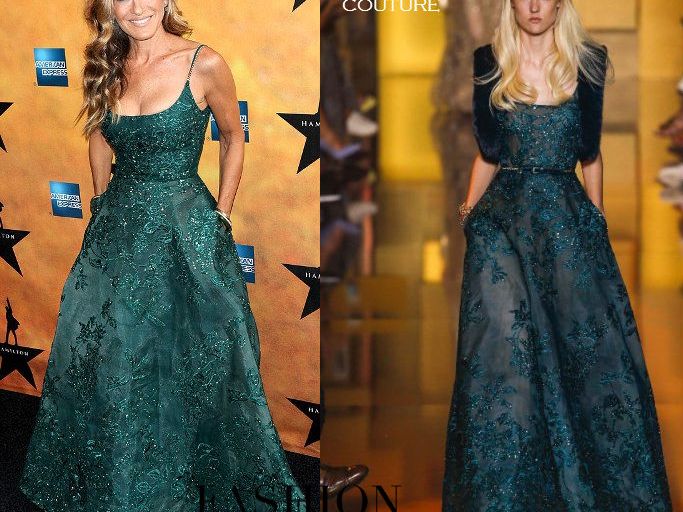 Hot! or Hmm… Sarah Jessica Parker’s <em>Hamilton’s</em> Broadway Opening Night Elie Saab Fall 2015 Couture Forest Green Embellished Gown
