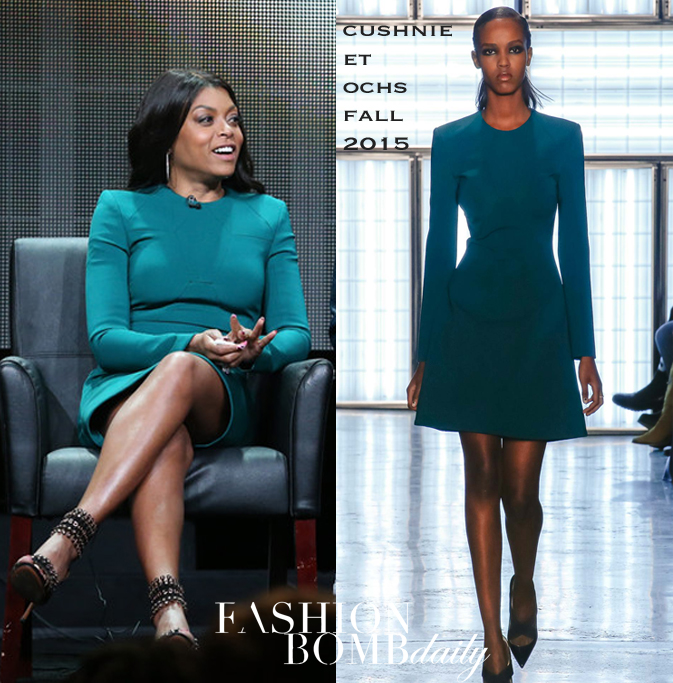 Splurge: Taraji P Henson’s 2015 Summer TCA Tour Cushnie et Ochs Fall 2015 Emerald Green Viscose Long Sleeve Dress and Azzedine Alaia Sandals