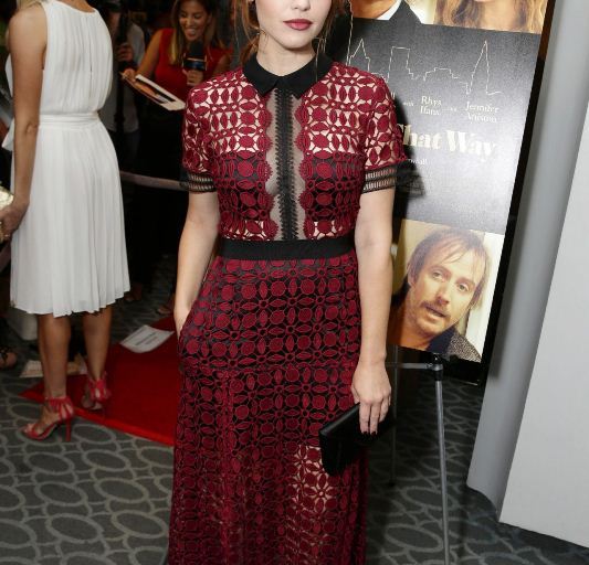 Splurge: Holland Roden’s <em>She’s Funny That Way</em> Los Angeles Premiere Self Portrait Short Sleeve Burgundy Guipure Lace Midi Dress