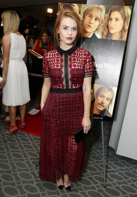 Splurge: Holland Roden’s <em>She’s Funny That Way</em> Los Angeles Premiere Self Portrait Short Sleeve Burgundy Guipure Lace Midi Dress