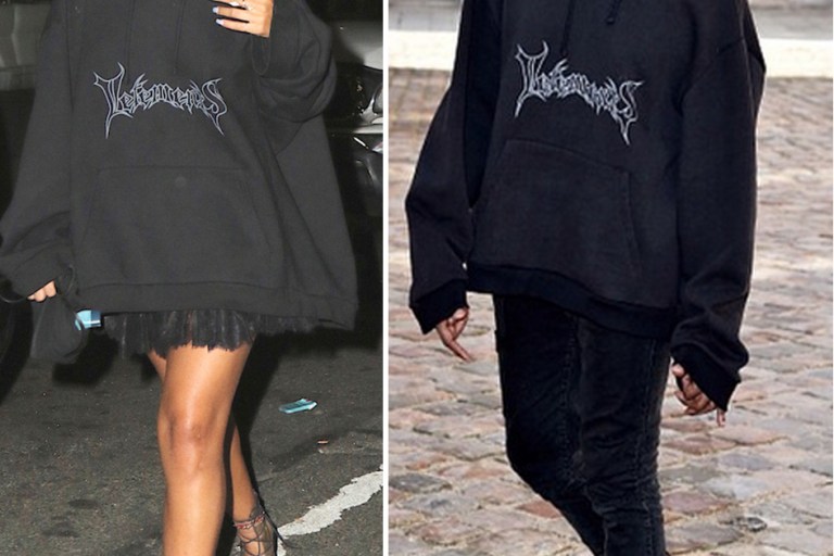 Who Wore it Better? Rihanna vs. Kanye West in Vetements Black Fleece Logo Hoodie