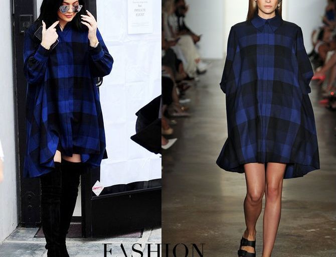 Hot! or Hmm… Kylie Jenner’s Los Angeles Houghton Spring 2015 Plaid Shirt Dress and Gianvito Rossi Black Suede Cuissard Thigh High Boots