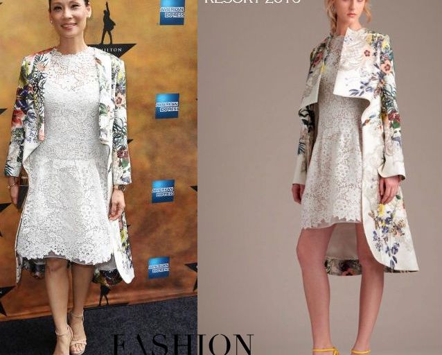 Hot! or Hmm… Lucy Liu’s <em>Hamilton</em> Broadway Opening Night Monique Lhuillier Resort 2016 Floral Print Coat and White Lace Dress