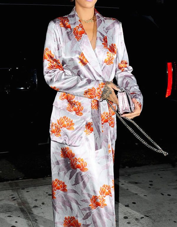 Splurge: Rihanna’s New York City Wedding Dries Van Noten Lotus Print Satin Tie Waist Long Robe Dress And Tom Ford Silver Metallic Ankle Lock Sandals