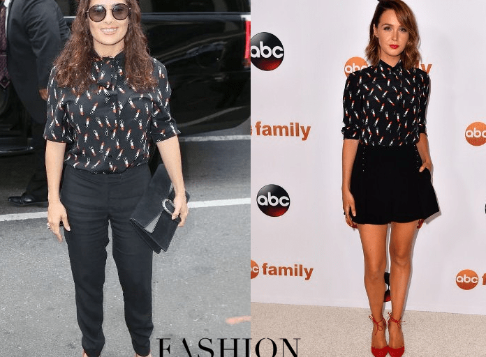 Who Wore It Better? Salma Hayek vs. Camilla Luddington in Saint Laurent’s Lipstick Print Blouse