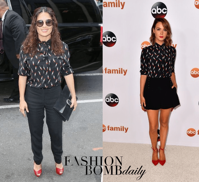 Who Wore It Better? Salma Hayek vs. Camilla Luddington in Saint Laurent’s Lipstick Print Blouse