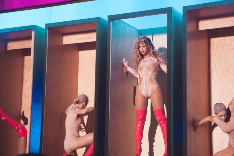 Beyoncé Wears a Hervé Léger by Max Azria Custom Embroidered Bodysuit, Custom Duckie Confetti Sequined ‘Sixers’ Dress, and More for Her Opening Performance at the Made in America Festival