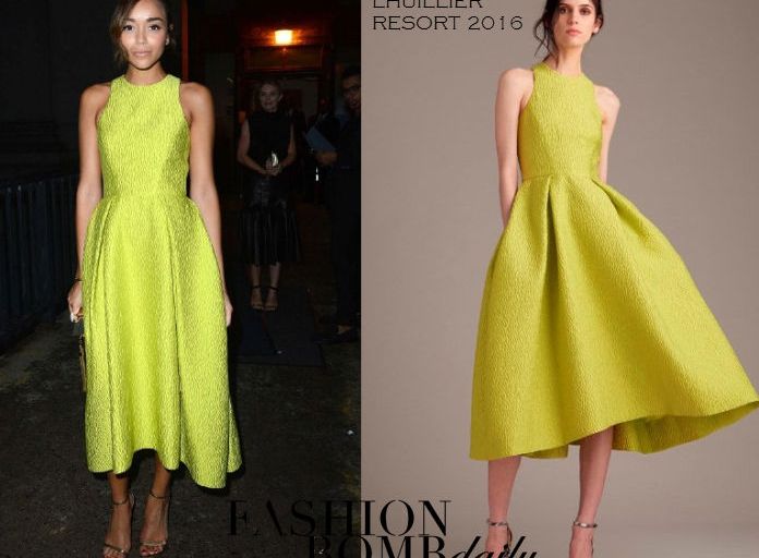 Hot! or Hmm… Ashley Madekwe’s Monique Lhuillier Spring 2016 Fashion Show Monique Lhuillier Resort 2016 Lime Textured Midi Dress