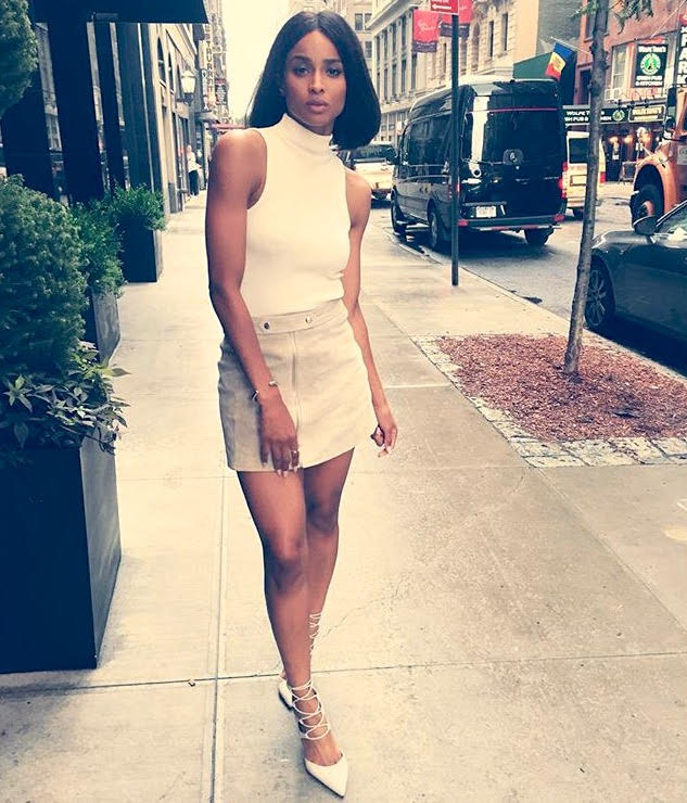 Get The Look: Ciara’s Instagram New York Fashion Week Topshop High Funnel Neck Rib Knit Top And Zip Front Detail Tab Button Suede Skirt
