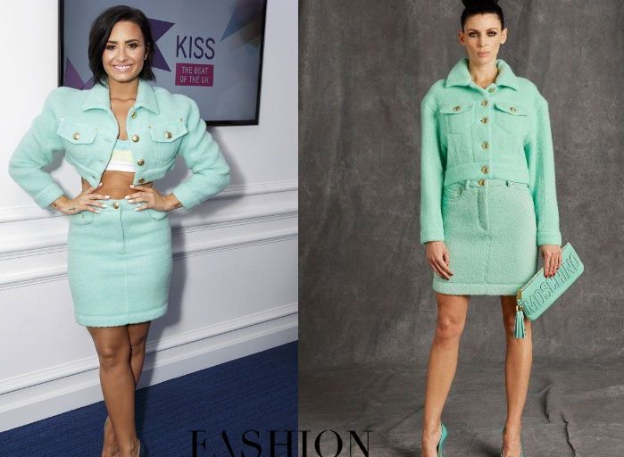 Hot! or Hmm… Demi Lovato’s Kiss FM Studios Moschino Pre-Fall 2015 Mint Skirt Suit and Christian Louboutin Iriza Pumps