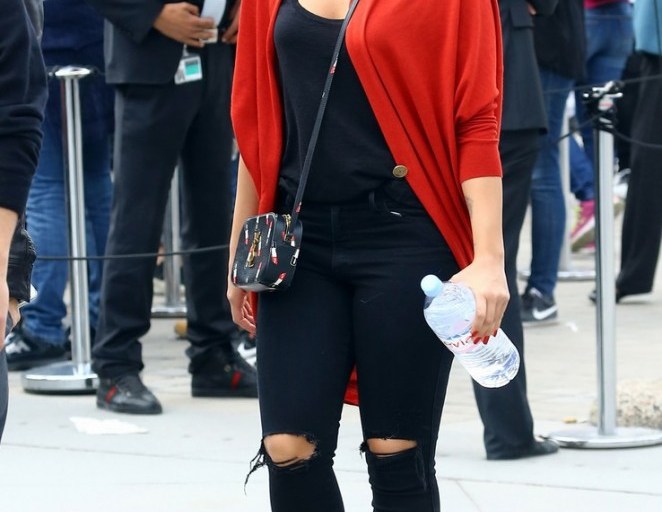 Splurge: Demi Lovato’s Paris Versace Cat Eye Embellished Limited Edition Sunglasses, Lanvin Red Single Button Cardigan, and a Saint Laurent Monogramme Lipstick Print Leather Crossbody Bag