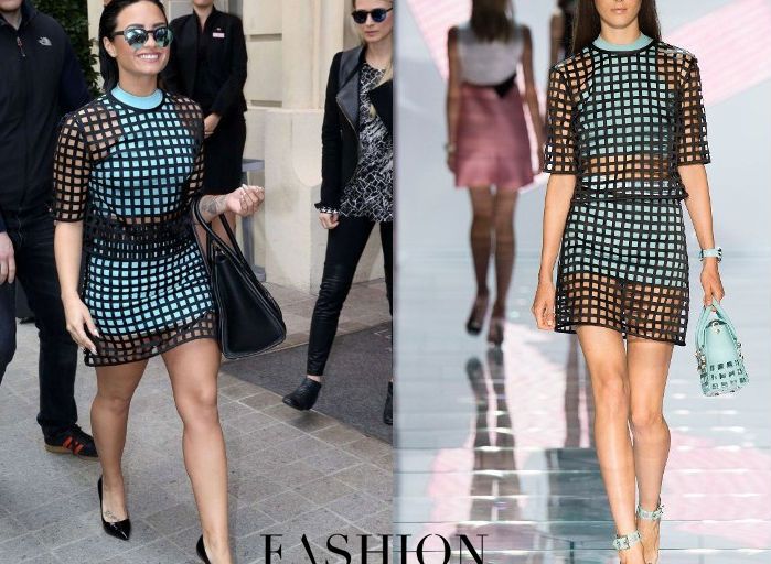 Hot! or Hmm… Demi Lovato’s Paris Versace Spring 2015 Black and Aqua Perforated Top and Mini Skirt