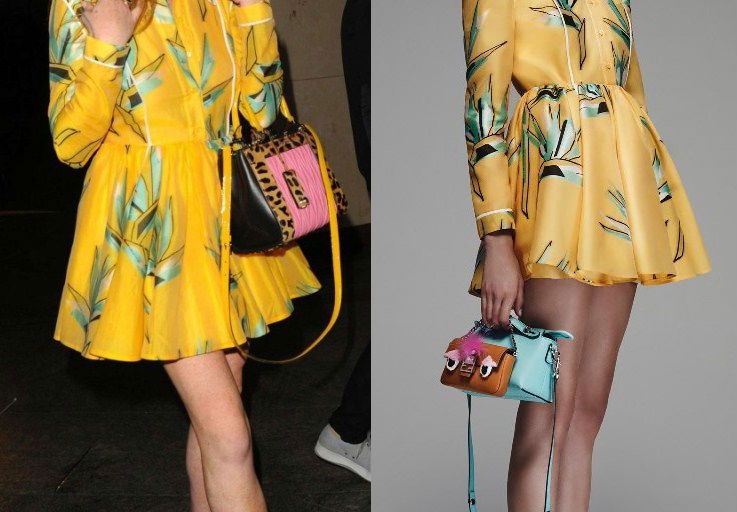 Hot! or Hmm… Lindsay Lohan’s Wonderland Magazine 10th Anniversary Party Fendi Resort 2016 Yellow Leaf Print Flare Shirt Dress