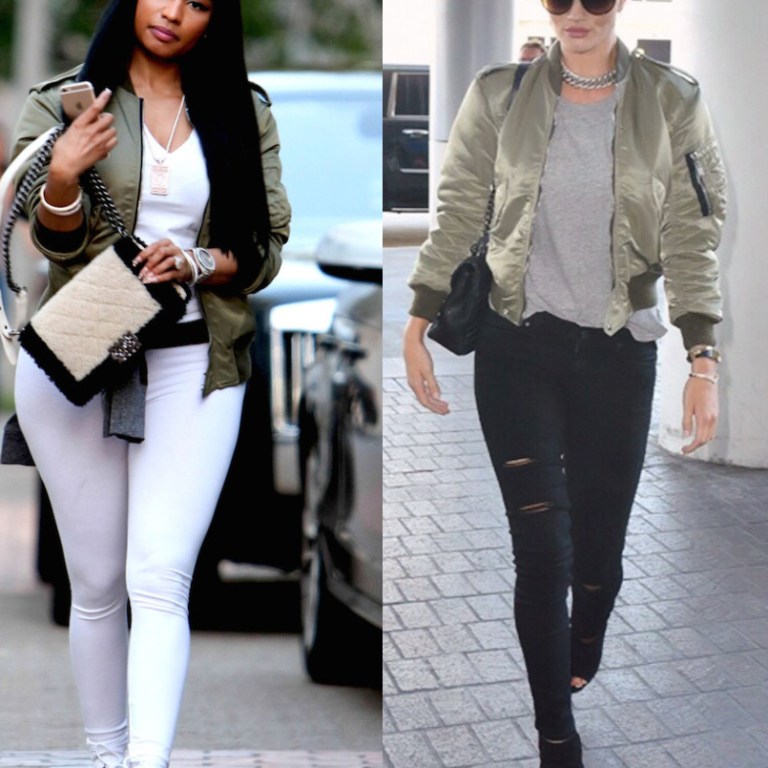 Who Wore it Better? Rosie Huntington-Whiteley vs. Nicki Minaj in Saint Laurent’s Olive Green Bomber Jacket