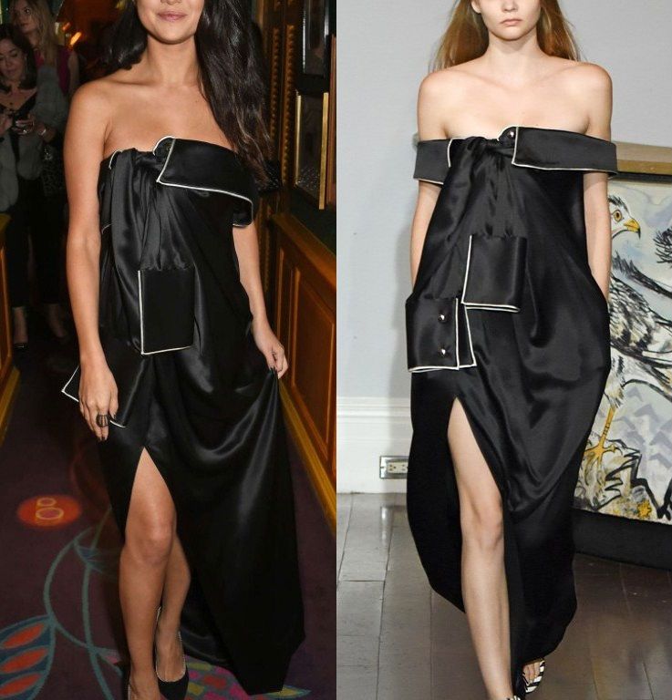 Hot! or Hmm… Selena Gomez’s Annabel’s Dinner Party and Performance Monse Spring 2016 Strapless Shirt Inspired Dress and Nicholas Kirkwood Pearl Trim Black Suede Pumps