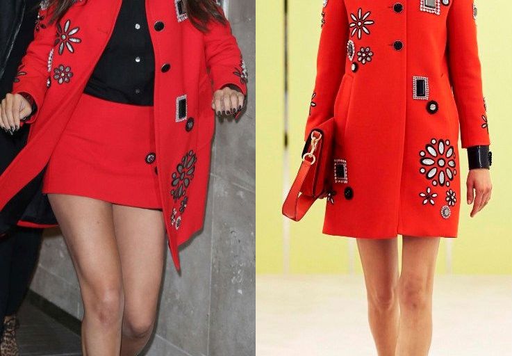 Hot! or Hmm… Selena Gomez’s BBC Radio 1 Studios Marc Jacobs Resort 2016 Red Embellished Coat, Black Button Front Shirt, and Red Mini Skirt