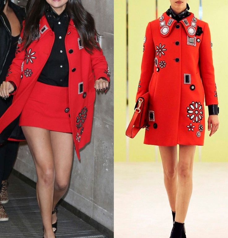 Hot! or Hmm… Selena Gomez’s BBC Radio 1 Studios Marc Jacobs Resort 2016 Red Embellished Coat, Black Button Front Shirt, and Red Mini Skirt