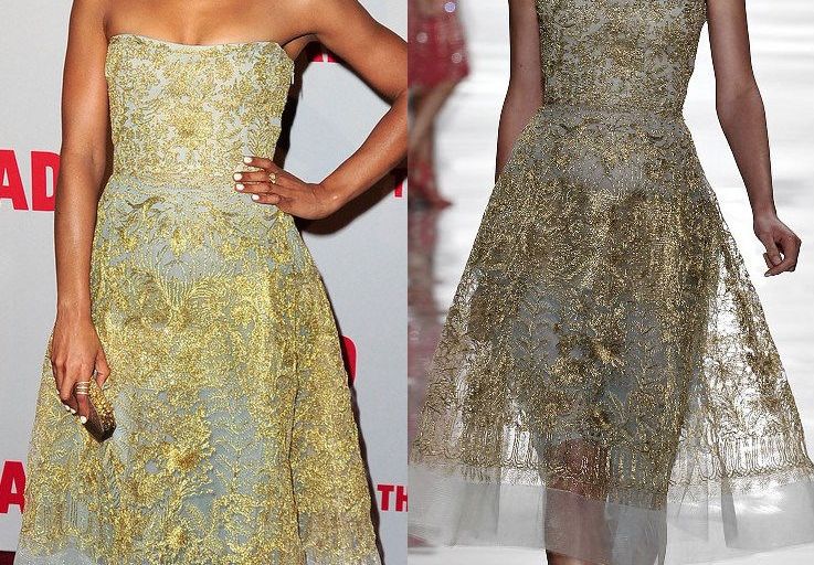 Hot! or Hmm… Tessa Thompson’s The Broad Museum Black Tie Inaugural Dinner Reem Acra Spring 2015 Strapless Gold Lace Dress