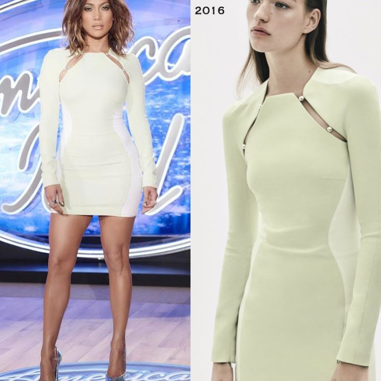 Jennifer Lopez Wears Mugler Resort 2016 White Long Sleeve Cady Cut Out Dress and Casadei Silver Blade Pumps on American Idol This Weekend in Denver