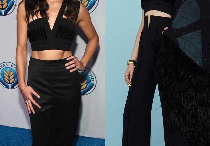 Hot! or Hmm… Michelle Rodriguez’s Unitas Gala Against Sex Trafficking Ulyana Sergeenko Spring 2015 Couture Velvet Accented Crop Top and High Waist Trousers