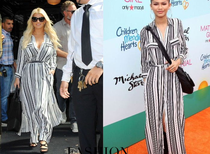Who Wore It Better? Jessica Simpson vs. Zendaya Coleman in L’Agence’s Stripe Crepe Maxi Shirtdress