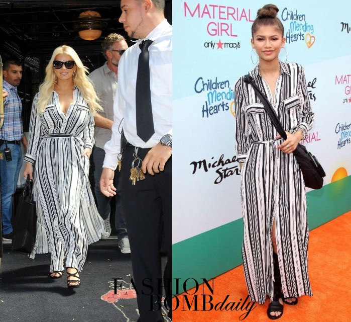 Who Wore It Better? Jessica Simpson vs. Zendaya Coleman in L’Agence’s Stripe Crepe Maxi Shirtdress