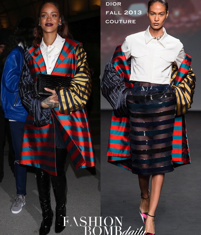 Hot! or Hmm…: Rihanna’s Paris Eiffel Tower Visit Dior Fall 2013 Couture Red, Green, Black, and Yellow Multistripe Coat