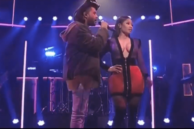 Splurge: Nicki Minaj’s The Weeknd Saturday Night Live Performance Balmain Colorblock Crochet Purple and Orange Zip Front Dress and Alexander McQueen Zip Front Boots