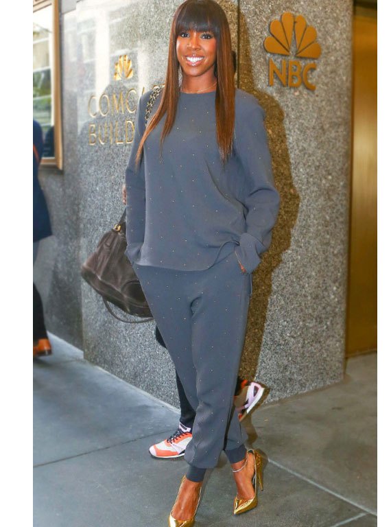 Splurge: Kelly Rowland’s NBC Studios Stella McCartney Gray Gold Stud Embellished Sweatshirt and Dot Sweatpants