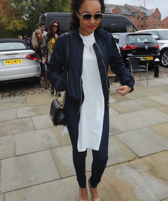 Steal: Leigh-Anne Pinnock’s Key 103 Radio Station Topshop MA1 Bomber Jacket, White Side Split High Neck Tunic, and Moto Vintage Rinse Leigh Jeans