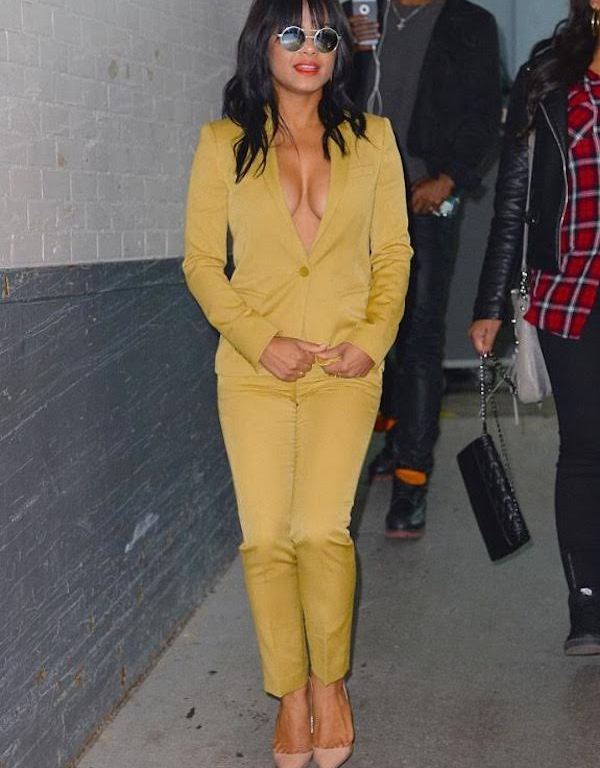 Get The Look: Christina Milian’s New York City Topshop Mustard Fitted Single Breasted Blazer And Ankle Length Pants