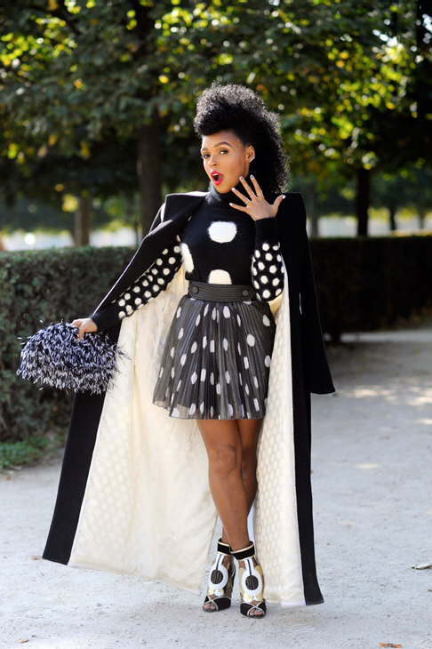 Janelle Monae Rocks Paris Fashion Week in a Stella McCartney Black Pom Pom Sweatshirt, an Akris Cream Suit, Emanuel Ungaro Polka Dots, Giambattista Valli Fall 2015 Swirl Prints, and more!