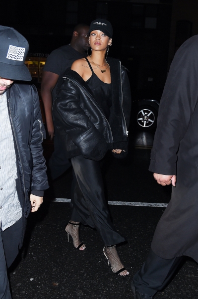 Hot! or Hmm…: Rihanna’s The Weeknd Barclay’s Concert NasaShop I Came to Break Hearts Cap, Vetements The Transformer Black Shearling Jacket, and Manolo Blahnik Chaos Sandals