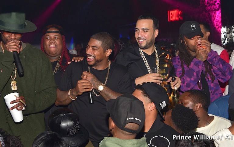 Men’s Fashion Flash: French Montana’s DJ Holiday Compound Birthday Moschino Black Logo Printed Button Down Shirt + 2 Chainz’s Yeezy Green Patch Destroyed Sweater
