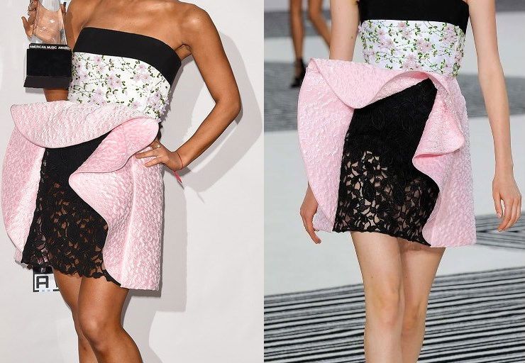 Hot! or Hmm… Ariana Grande’s 2015 American Music Awards Press Room Giambattista Valli Fall 2015 Couture Strapless Floral Print and Lace Peplum Dress and DSquared2 Queen Mary Sandals
