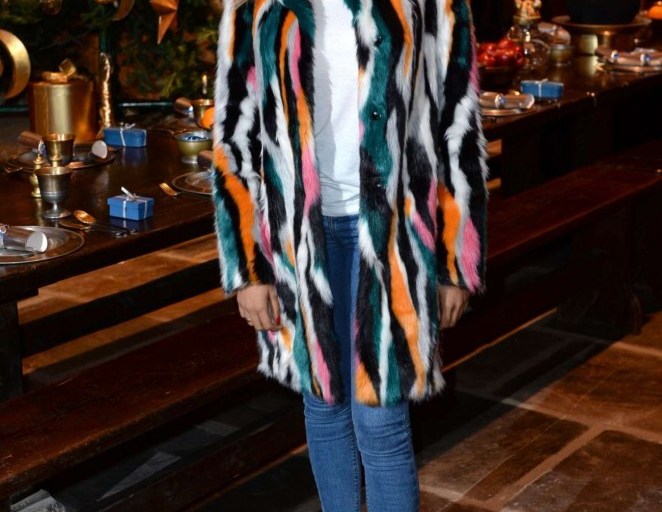Splurge: Dionne Bromfield’s Hogwarts in The Snow Launch Topshop Multi-Colored Faux Fur Coat