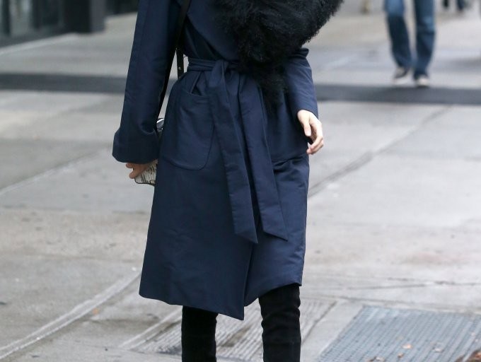 Splurge: Gigi Hadid’s New York City Kempner Harlow Robe Coat and Stuart Weitzman Black Suede Lowland Boots