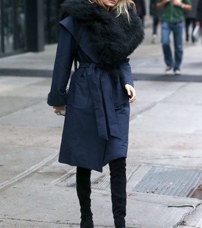 Splurge: Gigi Hadid’s New York City Kempner Harlow Robe Coat and Stuart Weitzman Black Suede Lowland Boots