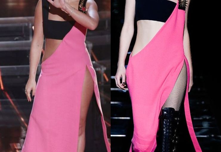Hot! or Hmm… Rita Ora’s X-Factor UK Fausto Puglisi Fall 2015 Black and Pink Star Embroidered Slit Gown