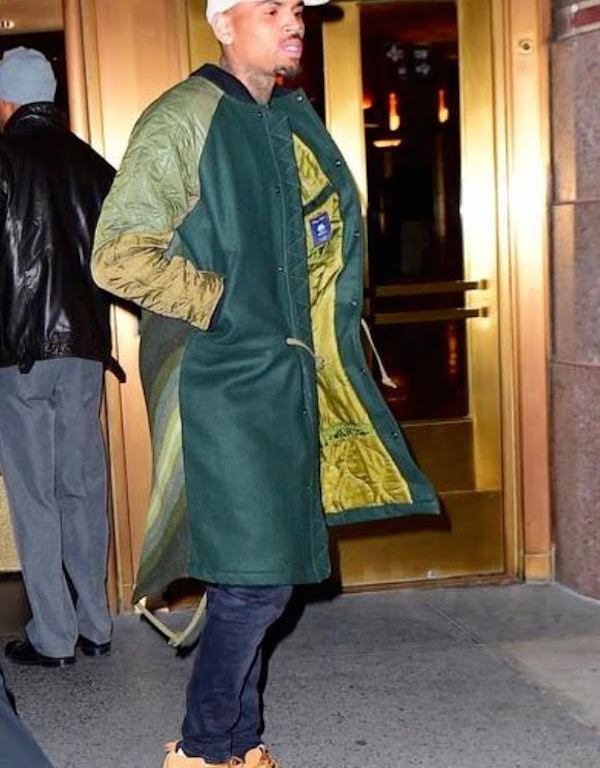 Men’s Fashion Flash: Chris Brown’s Power 105.1 Maharishi Wool Quilted Paneled Green Long Bomber Style Coat And Adidas Originals SL Loop Moc Shoes