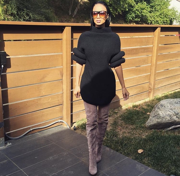 Wardrobe Query: Draya Michele’s Instagram B Donnas Jetson Black Sweater Dress and Gianvito Rossi Blush Thigh High Boots