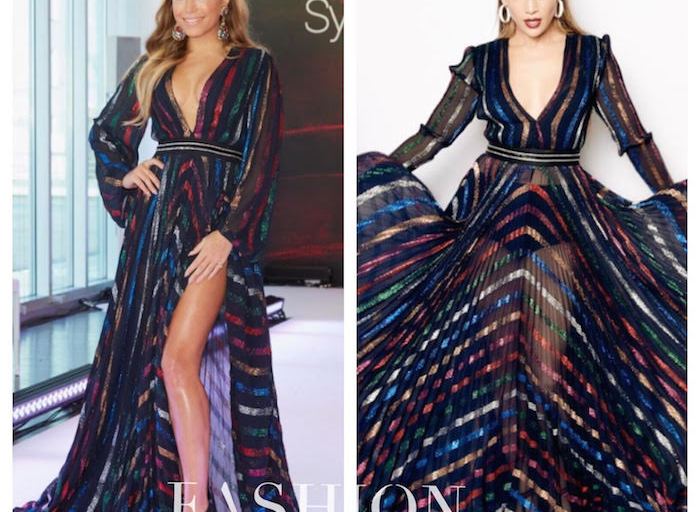 Who Wore It Better? Sylvie Meis vs. Jennifer Lopez in Blumarine’s Long-Sleeve Plunging Multicolor Stripe Slit Gown